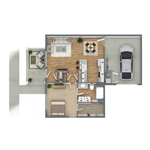 Floor plan for 1 bed, 1 bath, 834 sqft